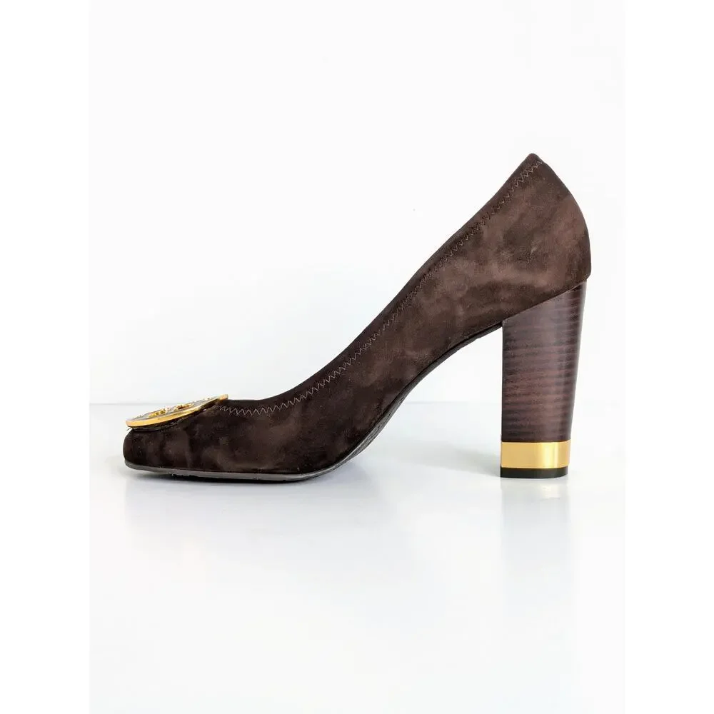 Tory Burch Maddie Pump 9.5 Brown Suede Block Heel Gold Logo Medallion Double T